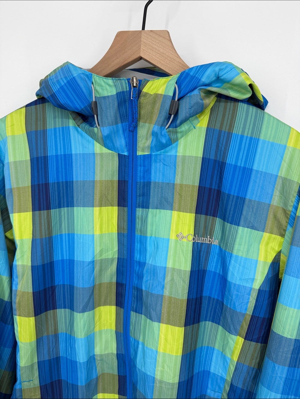 Columbia Blue Green Plaid Hooded Rain Jacket Gorpcore Women’s XL - Picture 3 of 13